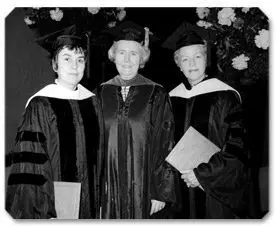 (From left) Sister Joan Doyle, BVM and Sister Ann Ida Gannon, BVM with Virginia, after receiving an honorary degree at the Paul Galvin Auditorium at Mundelein College